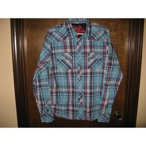 Mens Fox Racing Blue Plaid Pearl Snap Casual Button Down Shirt Sz L Pretty Nice